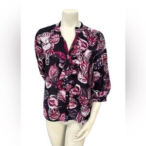 Karl Lagerfeld Paris Blouse Women’s S Black Pink Leaf Print Ruffle 3/4 Sleeve